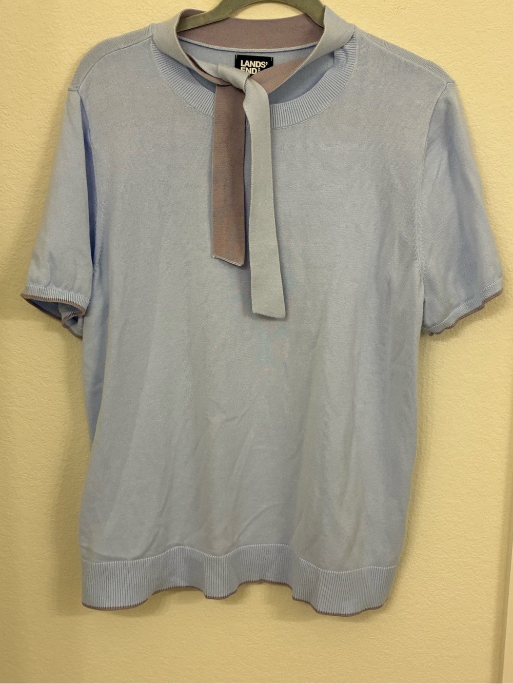 NWOT Lands' End Pale Blue Knit Top with Purple Neck Tie 1X